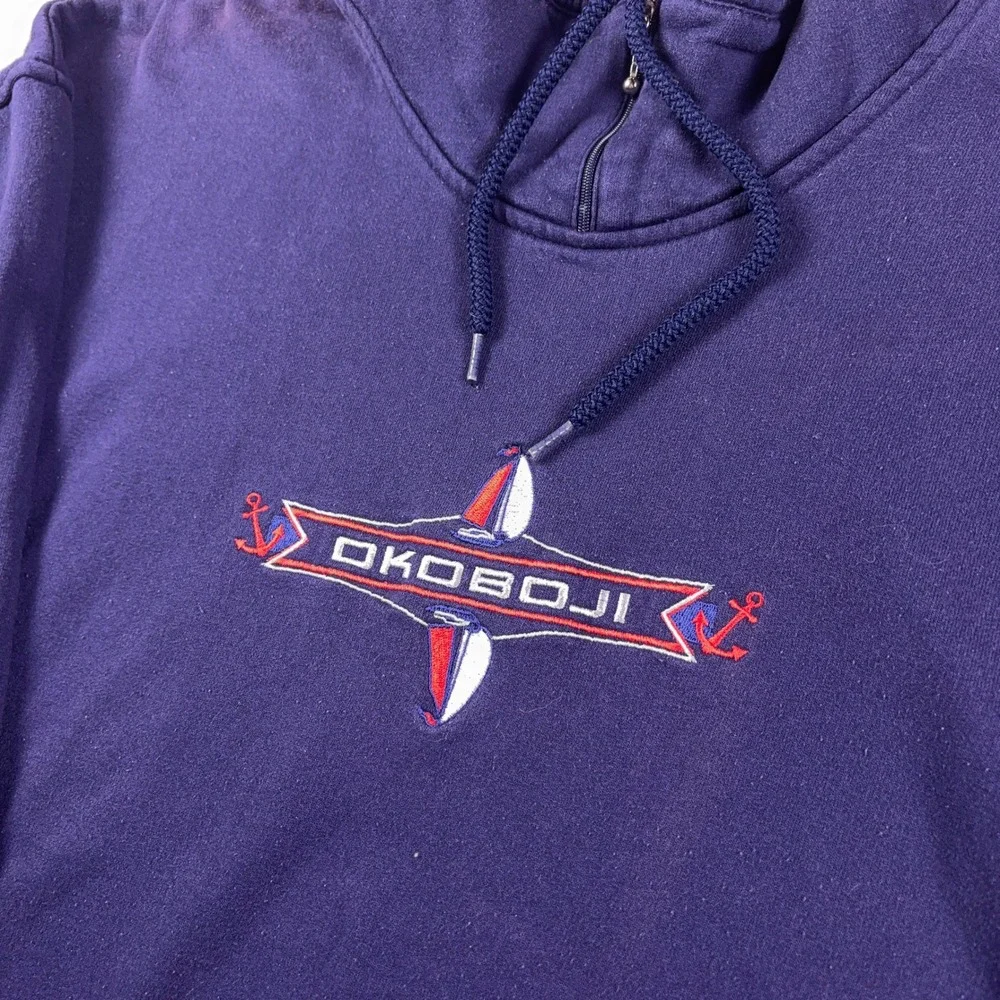 Vintage 90s Cityscape Okoboji Sailboat Quarter Zip Sweatshirt Navy Blue XL